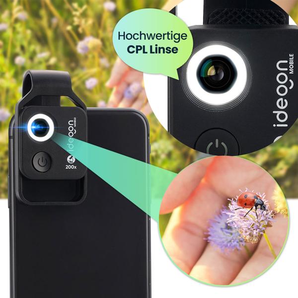 set of 2 microscope attachment lenses for smartphone/tablet 200x: With 6 LEDs for detailed close-ups, 1x white & 1 x black- Discover the micro world