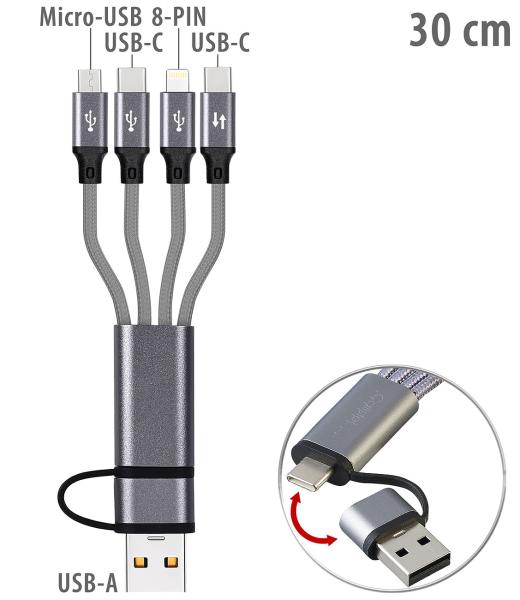 8in1 Charging & Data Cable USB-C/A to USB-C/Micro USB/Lightning, 30 cm, 3A