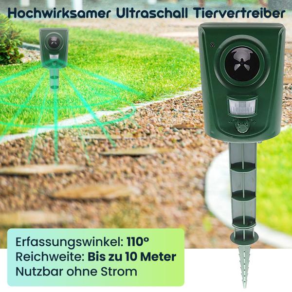 Hochwirksamer Ultraschall Tiervertreiber, grün, Tierschreck, grosse Reichweite und Erfassungswinkel von 110° für Katzen, Hunde, Marder