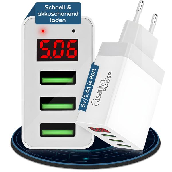 set of 3 multi-port chargers with 3 USB ports & LED display, 5 V / 2.4 A each