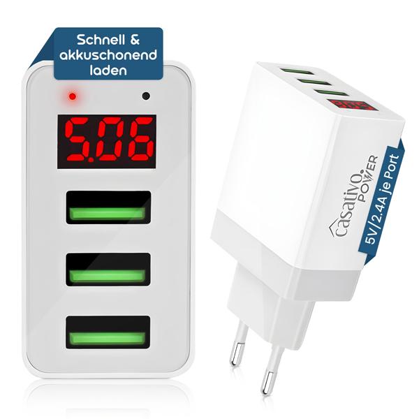 set of 3 multi-port chargers with 3 USB ports & LED display, 5 V / 2.4 A each