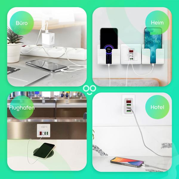 set of 3 multi-port chargers with 3 USB ports & LED display, 5 V / 2.4 A each