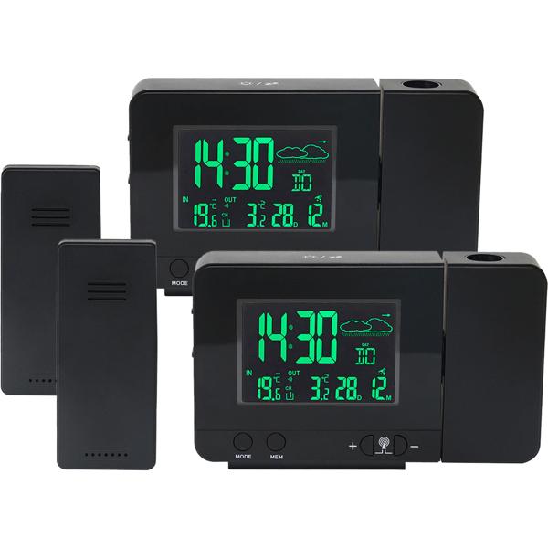 2er-Set Projektions-Wecker mit Funk-Wetterstation, USB-Port, Aussensensor, schwarz