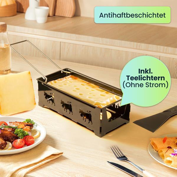 3er-Set Teelicht-Raclette für 1-2 Personen, Set ohne Strom, Teelichter & Schaber, Metall mit originell ausgestanzten Kühen, antihaftbeschichtet