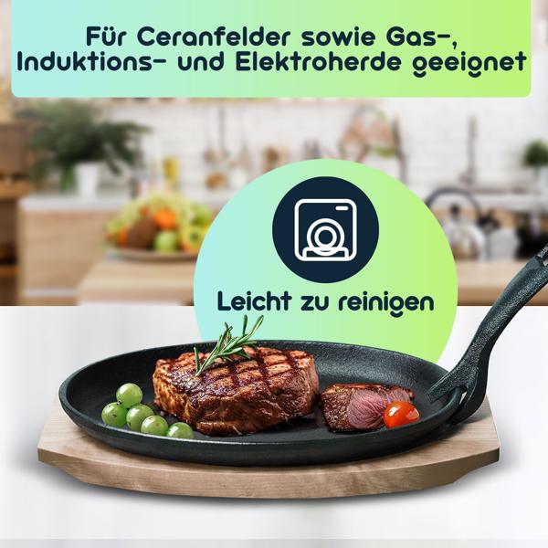 2er-Set Profi Servierpfanne aus Gusseisen mit Holz-Untersetzer, 24 x 14 x 2,2 cm