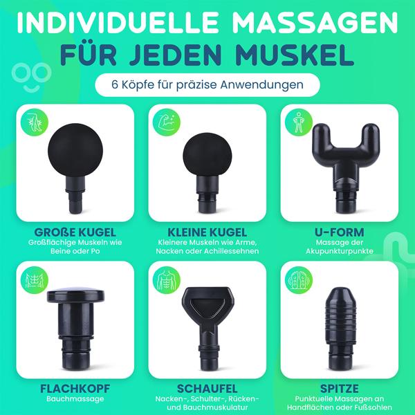 Professional massage gun, massage gun, 6 heads, 20 intensity levels, battery-operated for thighs, abdomen, shoulders, neck and back