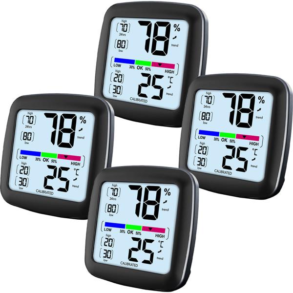 Set of 4 digital precision thermo-/hygrometers with LCD display, calibratable
