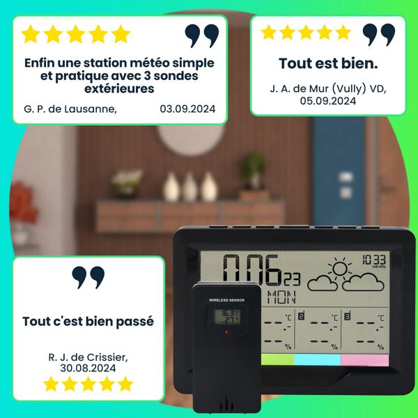 Station météo sans fil professionnelle, écran LCD XL, 3 capteurs extérieurs sans fil, fonction réveil et hygromètre