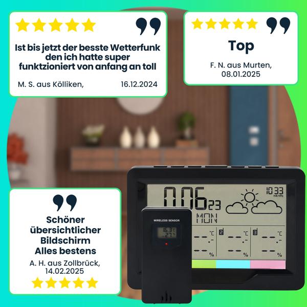 Professionelle Funk-Wetterstation mit XL-Display und 3 Funksensoren, Funkwecker