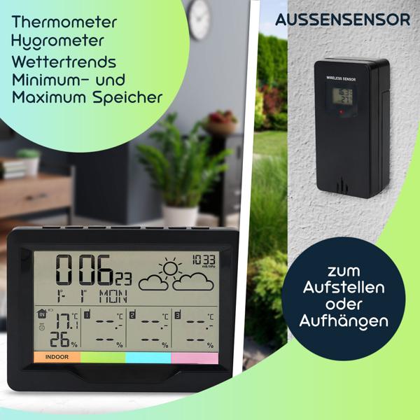 Professionelle Funk-Wetterstation mit XL-Display und 3 Funksensoren, Funkwecker