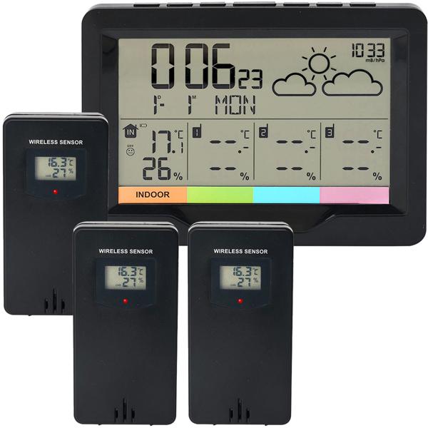 Professional wireless weather station with XL display and 3 wireless sensors, wireless alarm clock