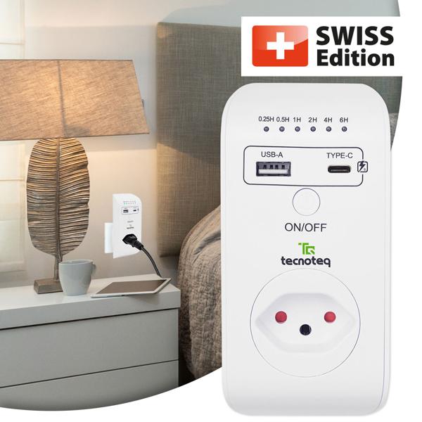 Socket outlet with 2x USB charging port, 3.1 A, timer, overvoltage protection, Swiss Edition