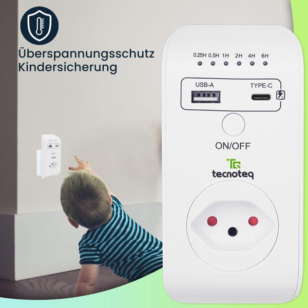 Steckdose mit 2x USB-Ladeport, 3.1 A, Timer, Überspannungsschutz, Swiss-Edition