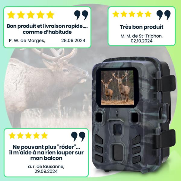 Caméra de chasse Full HD compacte, capteur de mouvement (PIR), vision nocturne infrarouge, IPX5, 180 g – piège photo avec écran couleur, discrète et parfaite pour l’observation des animaux