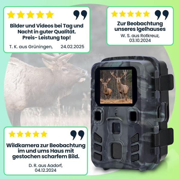 Kompakte Wildkamera, Full HD, PIR Bewegungssensor, Nachtsicht mit IR LEDs, IPX5, 180g leicht, Farbdisplay, für eine diskrete Tierbeobachtung