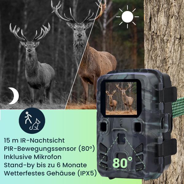 Kompakte Wildkamera, Full HD, PIR Bewegungssensor, Nachtsicht mit IR LEDs, IPX5, 180g leicht, Farbdisplay, für eine diskrete Tierbeobachtung
