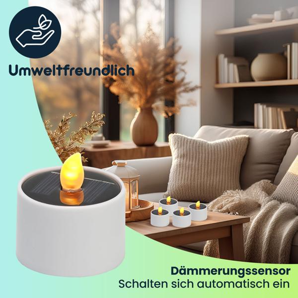4er-Set Solar-LED-Teelichter – wetterfest (IP44), mit Dämmerungssensor & warmweissen Licht – kabellos, energiesparend & ideal für Garten, Balkon & Deko