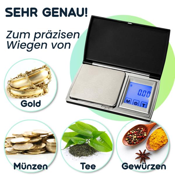 Präzise Digitale Taschen-Feinwaage mit Touch-Display, 500g/0.01g, genaues Wiegen von Schmuck, Gold Gewürzen & mehr