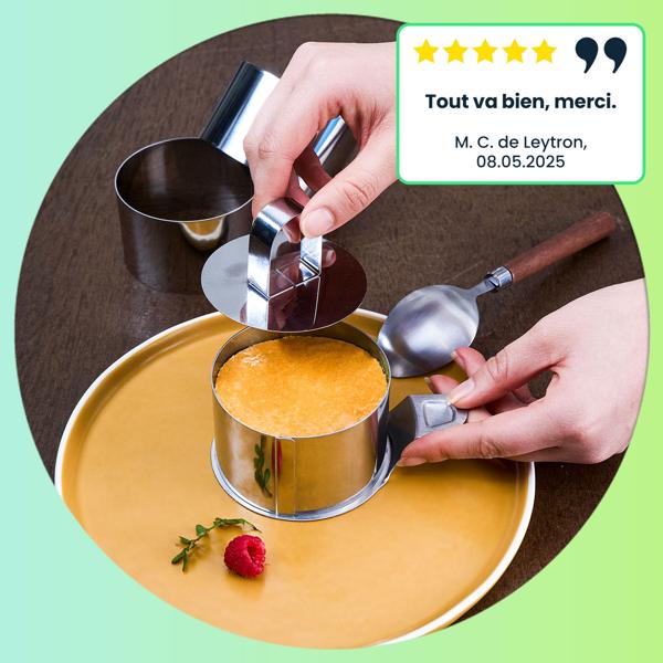 6 cercles à pâtisserie 8 x 5 cm (Ø x h) avec poussoir et support – dressage élégant de plats et desserts