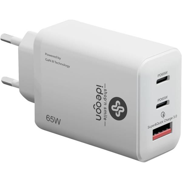 USB Ladegerät, 3 Ports, 65Watt, 2x USB-C und 1x USB-A, PD- & QC-Netzteil, weiss, GaN III