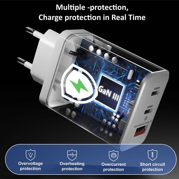 Caricatore USB, 3 porte, 65 watt, 2x USB-C e 1x USB-A, alimentatore PD & QC, bianco, GaN III