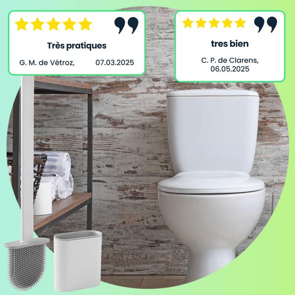 2 brosses WC avec poils en silicone – brosses pour toilettes avec supports inclus, blanches, séchage rapide – nettoyage efficace et hygiénique