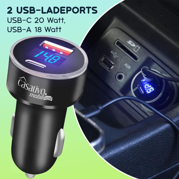 Kfz-USB-Ladegerät, Digitale Spannungsanzeige, USB-C PD/QC & USB-A, (38 W), Auto Zigarettenanzünder Schnellladegerät