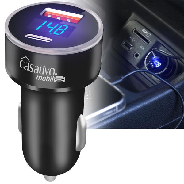 Car USB charger, digital voltage display, USB-C PD/QC & USB-A, (38 W), car cigarette lighter quick charger