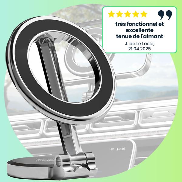 Support de smartphone robuste pour voiture compatible avec MagSafe, argenté, pivotant à 360°, installation facile, support magnétique sûr pour iPhone 16, 15, 14, 13, 12