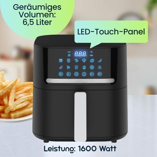 Premium Heissluftfritteuse mit 11 Koch-Programmen, 6,5 l, 1600 Watt - Air Fryer mit LED Touch-Panel, matt schwarz, hochwertige Antihaftbeschichtung