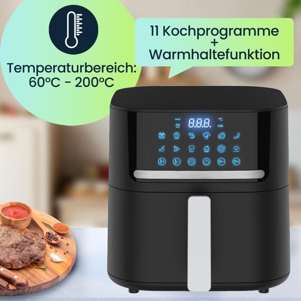 Premium Heissluftfritteuse mit 11 Koch-Programmen, 6,5 l, 1600 Watt - Air Fryer mit LED Touch-Panel, matt schwarz, hochwertige Antihaftbeschichtung