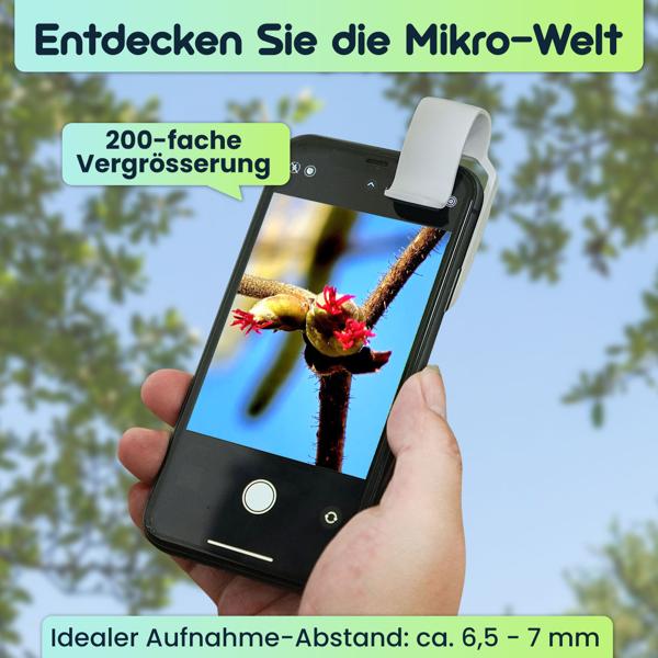 Mikroskop-Vorsatzlinse für Smartphone/Tablet 200x: Mit 6 LEDs für detailreiche Nahaufnahmen, weiss - Entdecken Sie die Mikro-Welt