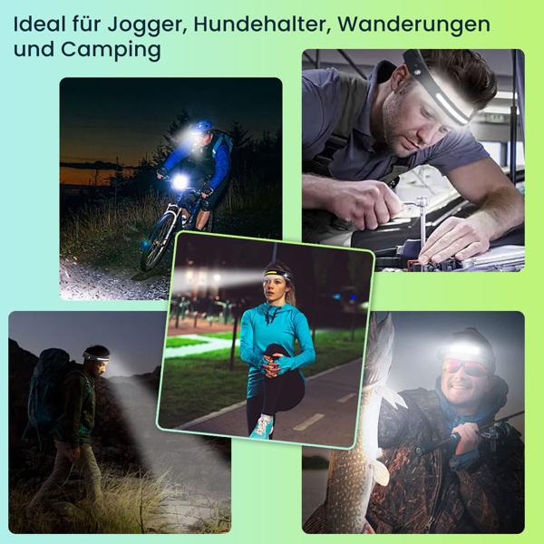 Superhelle COB-LED Stirnlampe 230° Weitwinkel: Helles 350lm Licht mit Gestensteuerung, Perfekt für Joggen, Wandern & Handwerk – Immer freie Hände