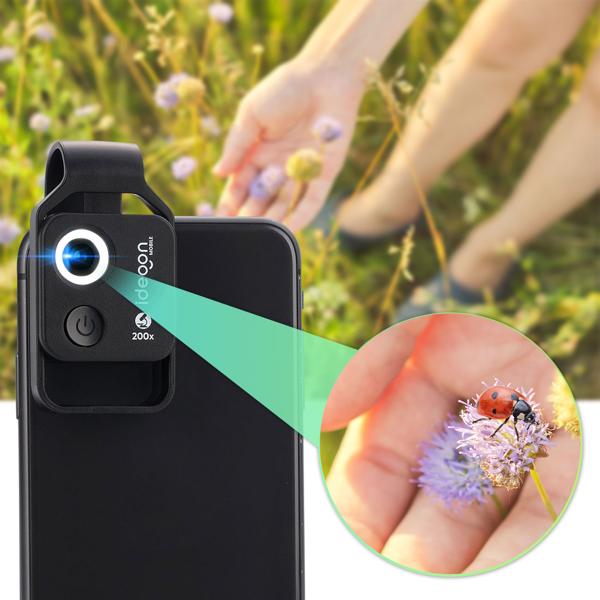 Microscope attachment lens for smartphone/tablet 200x: With 6 LEDs for detailed close-ups, black - Discover the micro world