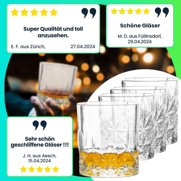 Whiskey Gläser im 4er-Set, je 230 ml, 7,5 x 7,5 x 8 cm