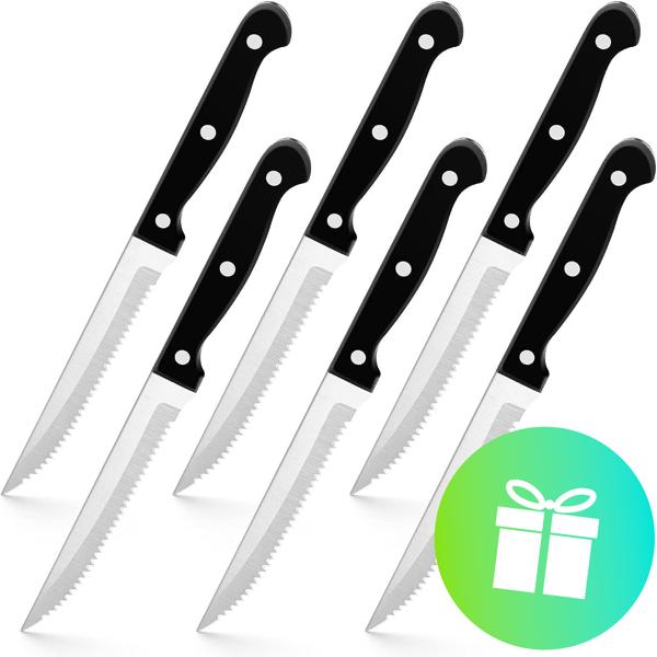 6-piece stainless steel steak knife set, grill knives with serrated blades, length 21 cm