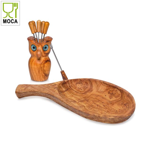 Tapas set owl: bowl 26 cm + owl with snack & olive forks 8 pieces