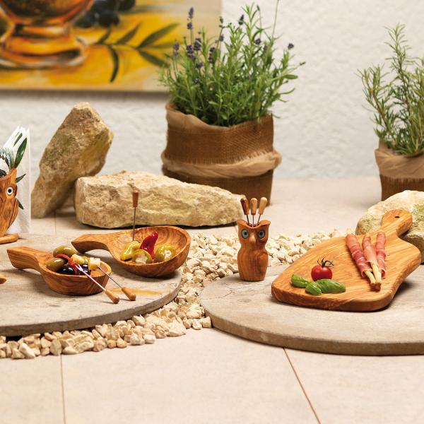 Tapas-Set aus Olivenholz - Handgefertigte Schale 22 cm & Fass mit 6 Snack-Gabeln - antibakteriell, robust, kratzfest - 8-teilig - Made in Italy