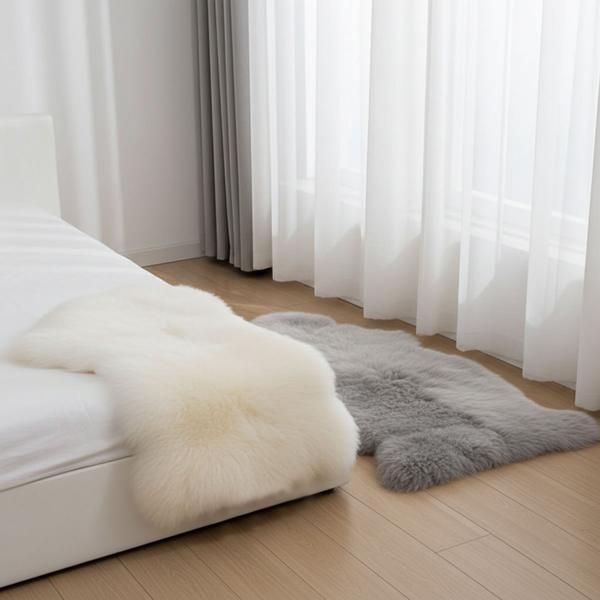 Set di 2 pelli di pecora, soffici e morbidissime, grigio e avorio, 90 x 60 cm