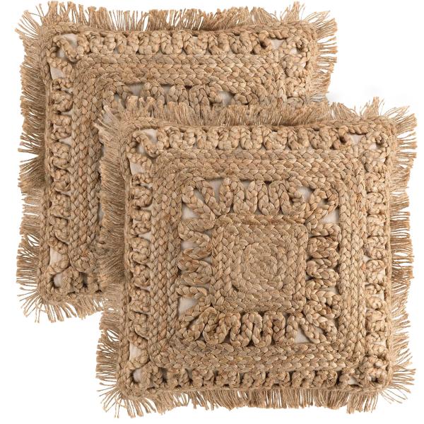 set di 2 copricuscini in juta e cotone, con frange, marrone, 45 x 45 cm