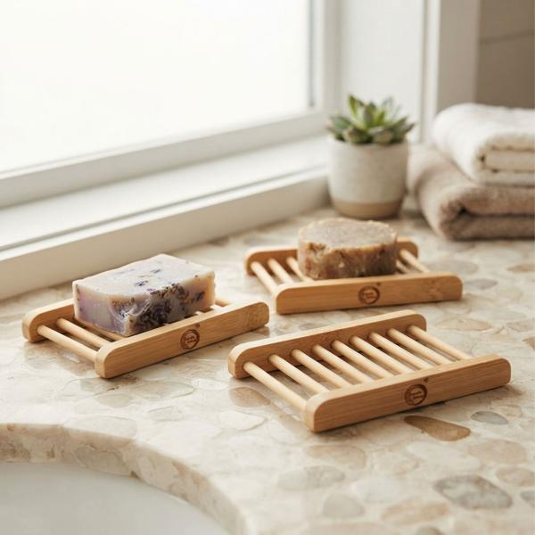 Set of 3 bamboo soap dishes – handmade – cross slats – hygienic – for soaps & shampoo bars – brown – 35 g – healthy & natural – sustainable