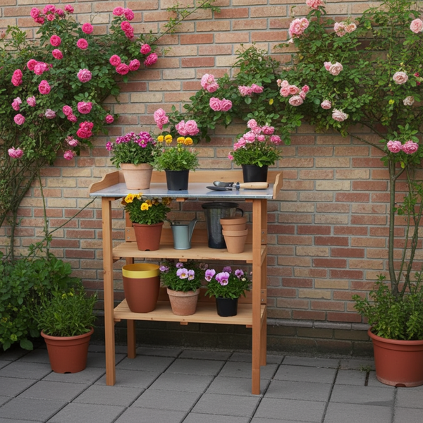 Pflanztisch Tannenholz - Verzinkte Metall-Arbeitsplatte, 2 Ablagen - Ergonomisch 75x90x36cm, Rückenschonend - Ideal für Terrasse & Gewächshaus