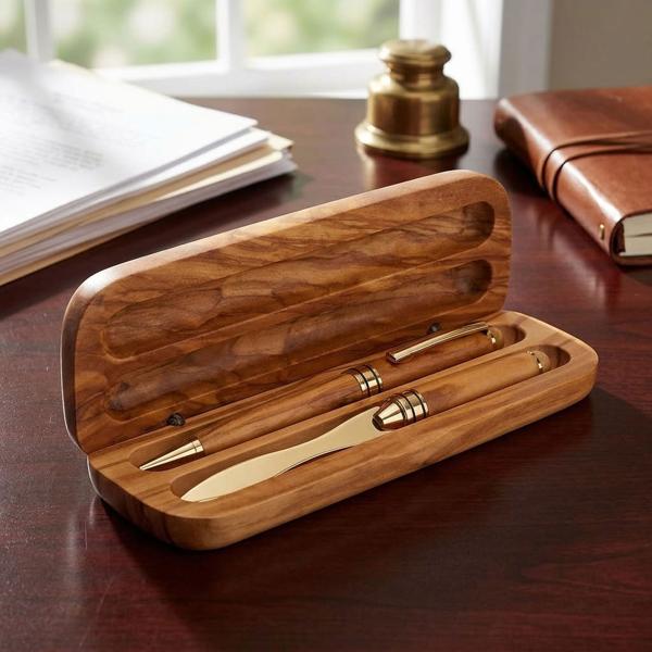Boîte exclusive en bois d‘olivier avec stylo à bille &amp coupe-papier, 17x6cm - Set cadeau de haute qualité ou accessoire de bureau élégant