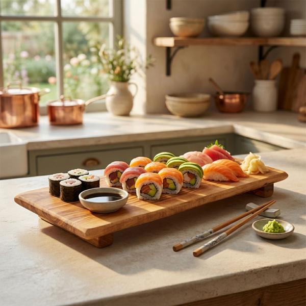 Planche à sushi noble en bois d’olivier : 13x28x1,5 cm, avec pieds, fait main - plat de service pour sushi &amp antipasti, élégance naturelle &amp style