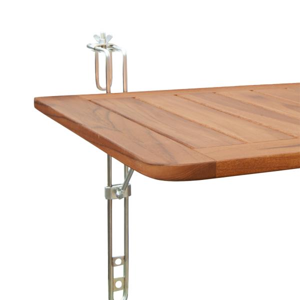 Folding teak balcony table, attaches to railings, 60 x 40 x 1.5 cm
