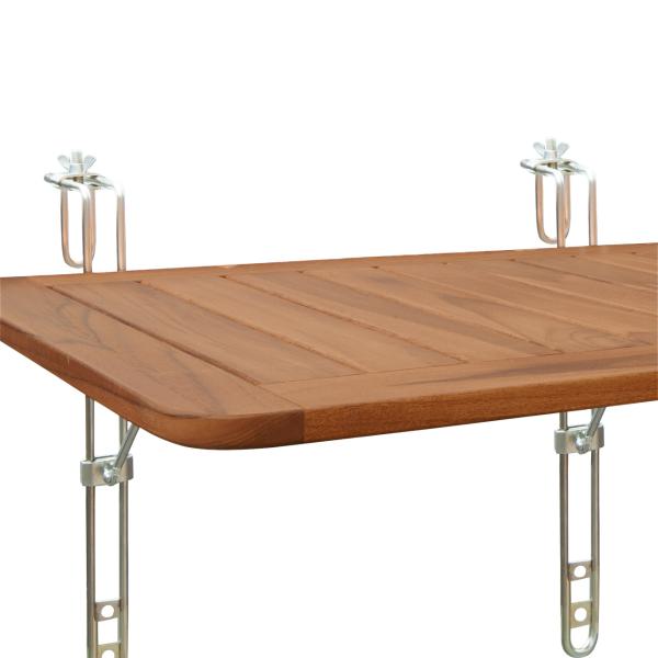 Folding teak balcony table, attaches to railings, 60 x 40 x 1.5 cm