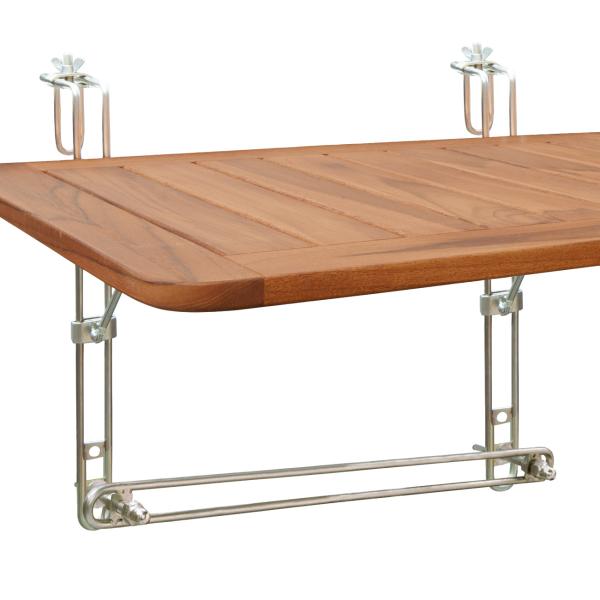 Folding teak balcony table, attaches to railings, 60 x 40 x 1.5 cm