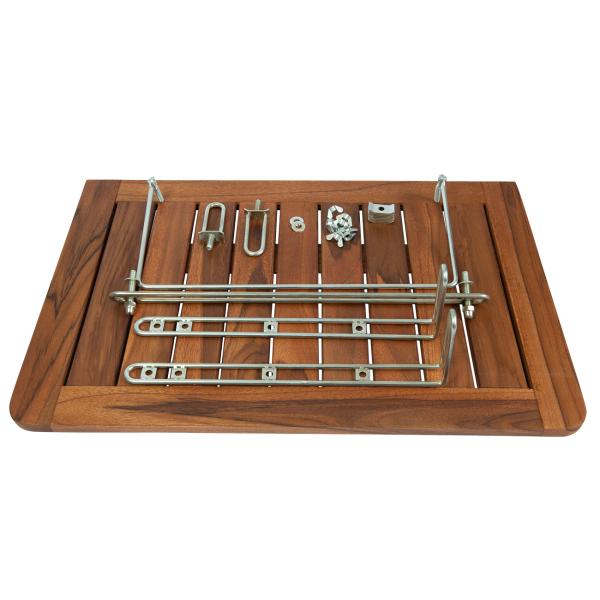 Folding teak balcony table, attaches to railings, 60 x 40 x 1.5 cm