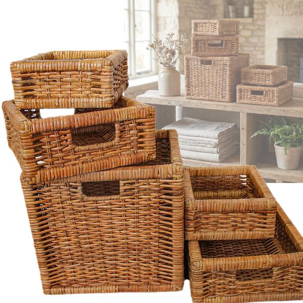 5 rattan baskets, various sizes, some with carry handles, rectangular, honey