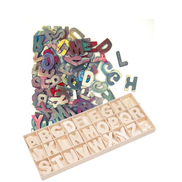 Box with 6 wooden alphabet sets, for crafting and learning